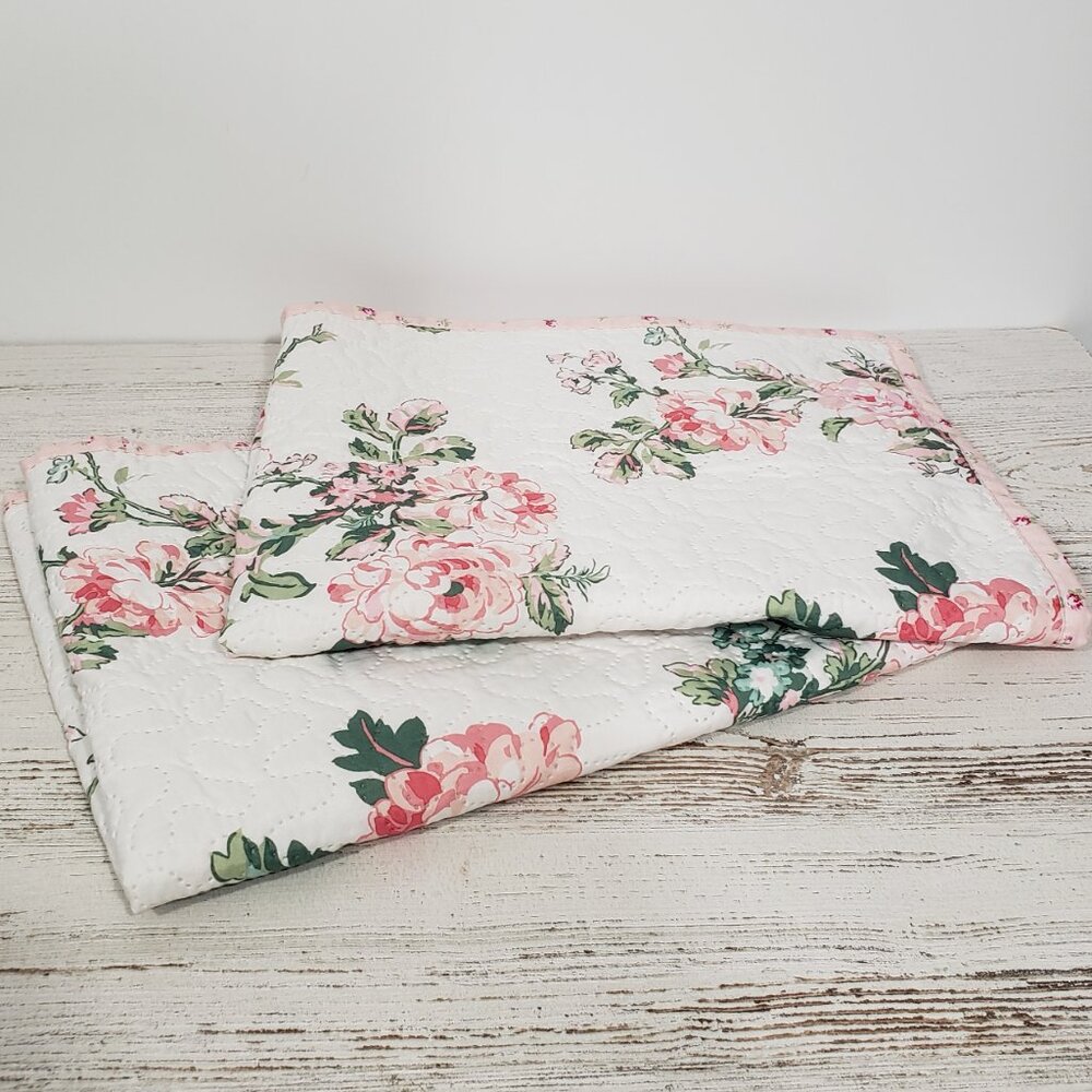 Pair of Shabby Chic Pink & Green Floral Quilted Pillow Shams Standard Size